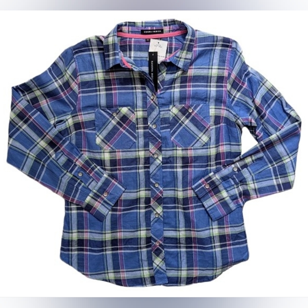 🚨3/$20! NWT Sandra Ingrish Blue Plaid Flannel Button Up Shirt Small